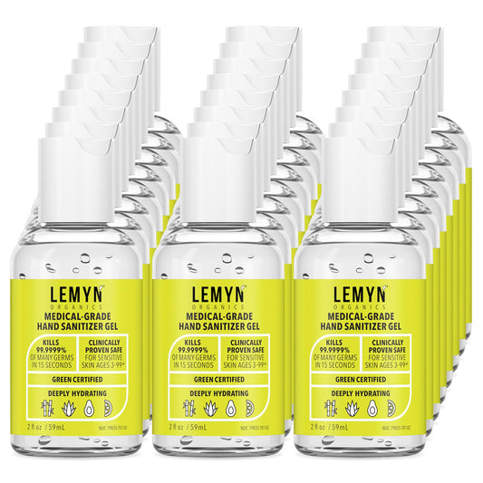 Lemyn Organics hand sanitizer bottle with flip-top for on-the-go germ protection