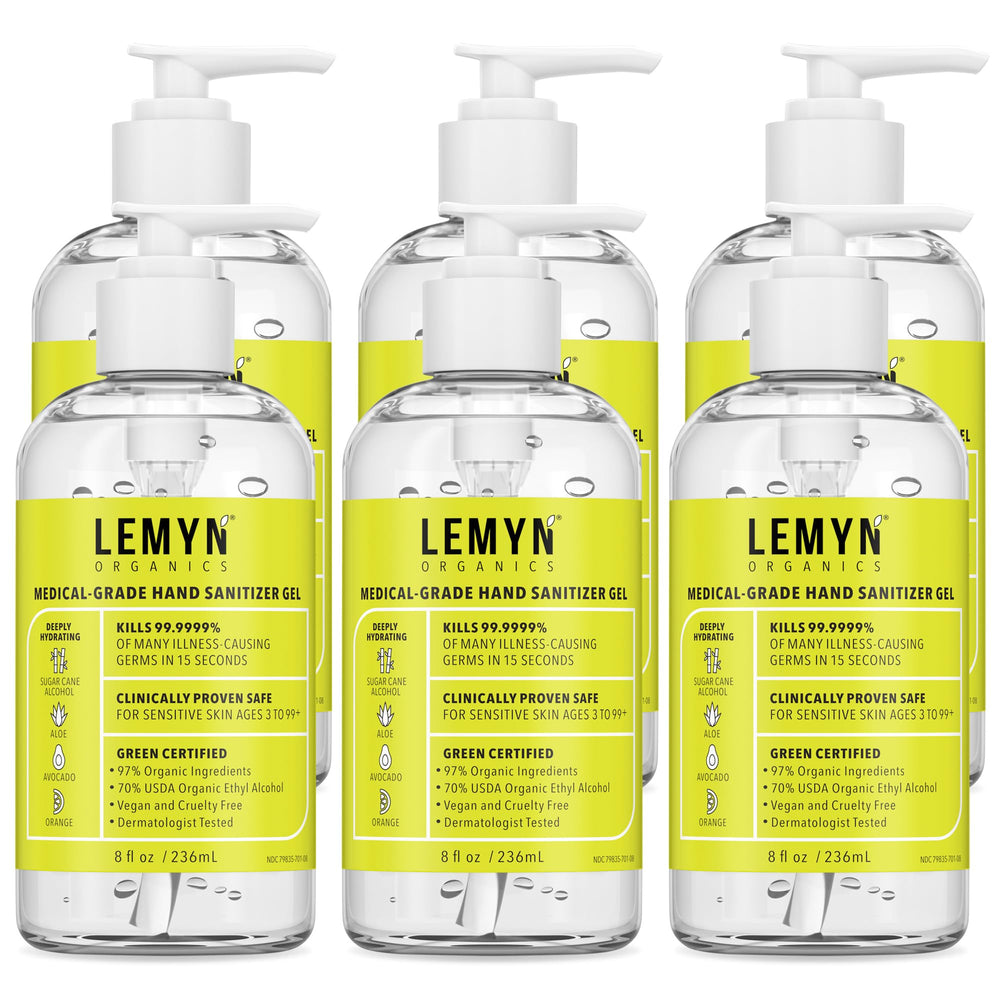 Lemyn Organics hand sanitizer bottle front with 97% organic formula and citrus scent