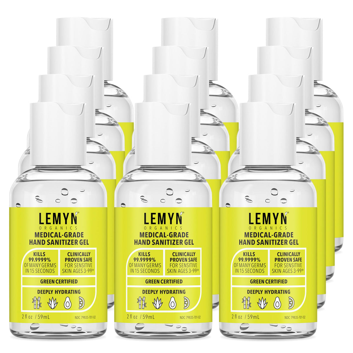 Lemyn Organics hand sanitizer bottle pack-of-12 with fast-acting gel.