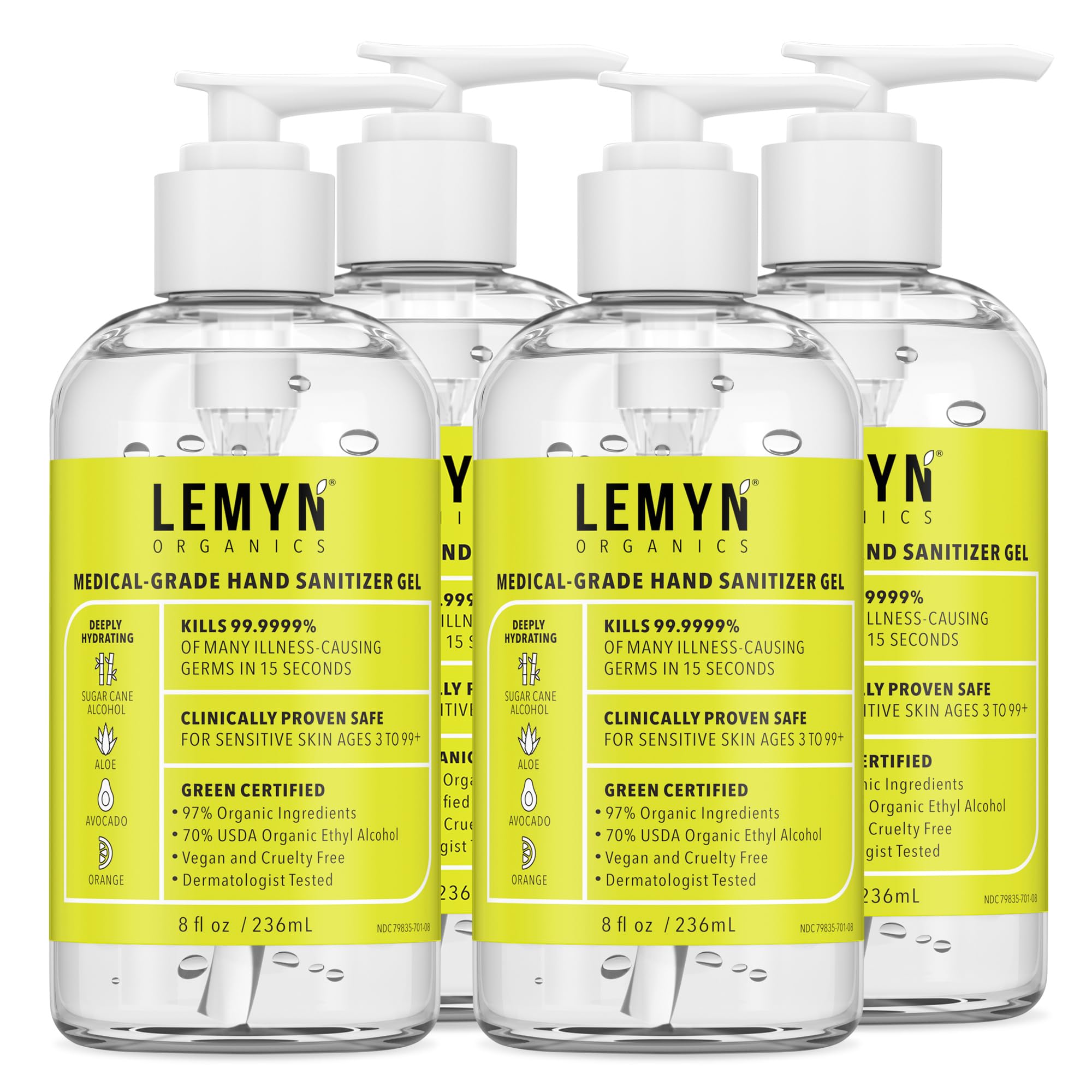 Lemyn Organics hand sanitizer bottle with pump for quick, mess-free disinfection on the go