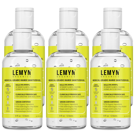 Lemyn Organics hand sanitizer bottle front view showing organic formula for quick, skin-friendly disinfection.