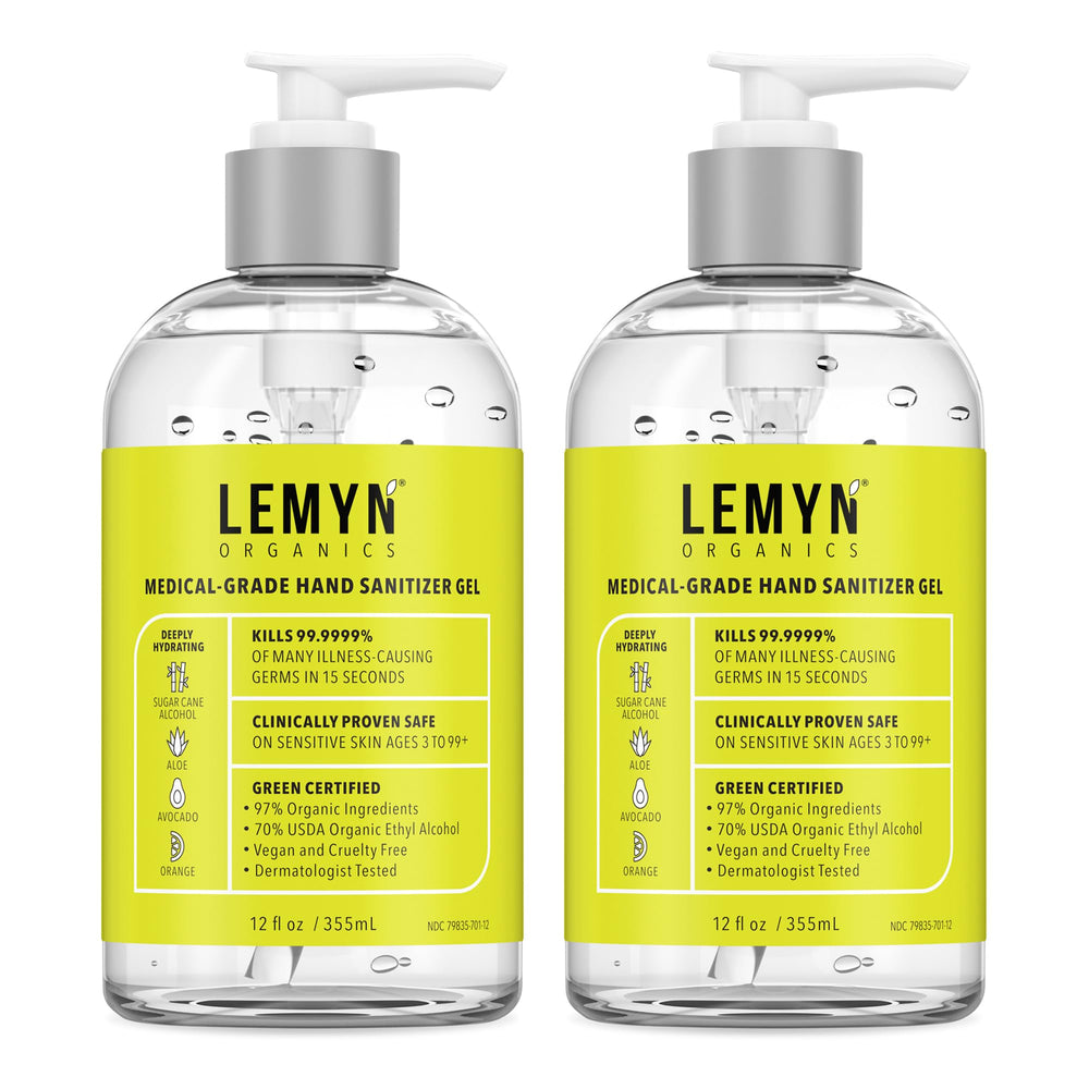Lemyn Organics hand sanitizer gel bottle front — fast protection on the go.