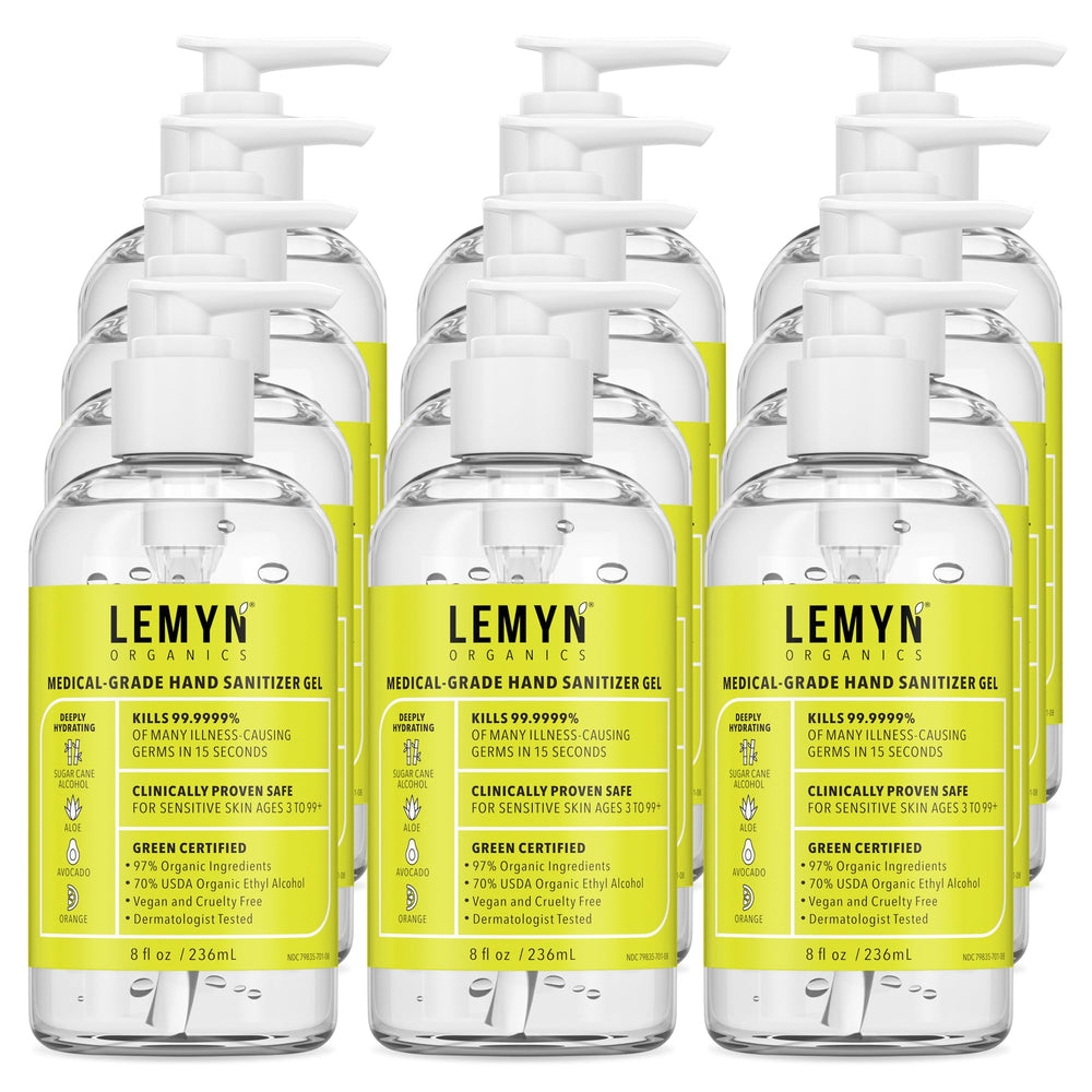 Lemyn Organics hand sanitizer gel pump bottle shown for quick hand disinfection.
