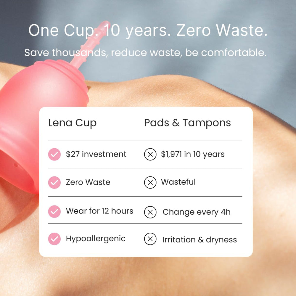 Lena Sensitive Cup cleaning with mild soap emphasizes simple maintenance.