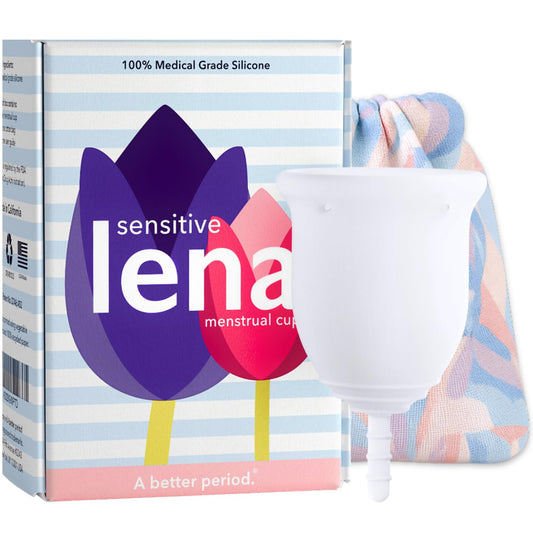 LENA Sensitive Cup Large packaging demonstrates eco-friendly, reusable option.