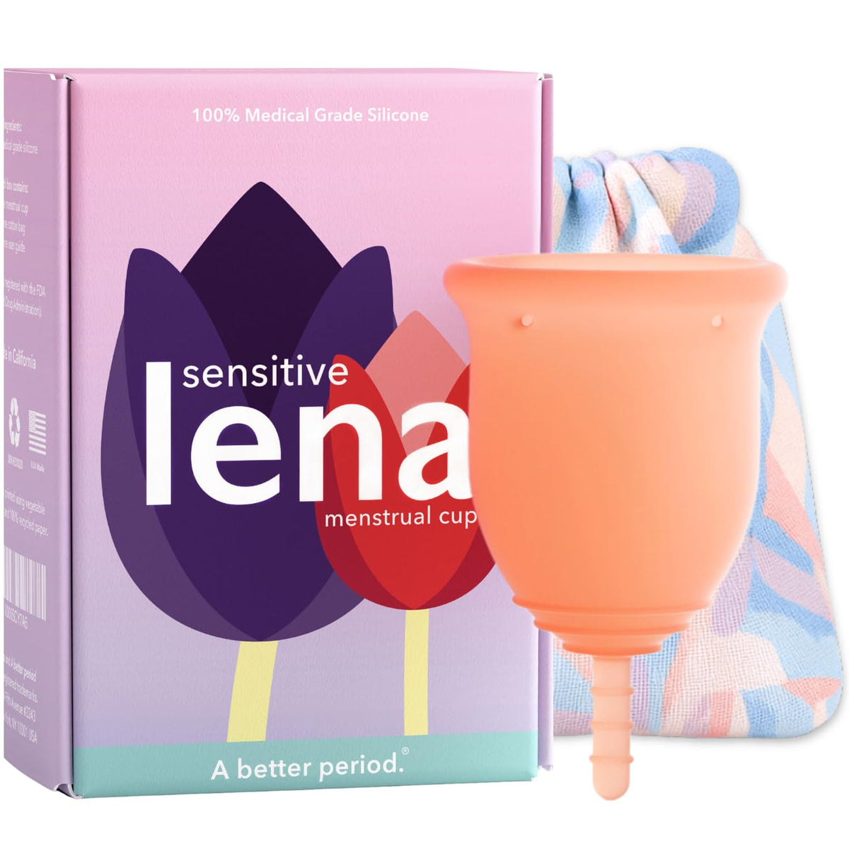 LENA Sensitive Large Cup packaging image illustrating discreet, eco-friendly reusable protection.