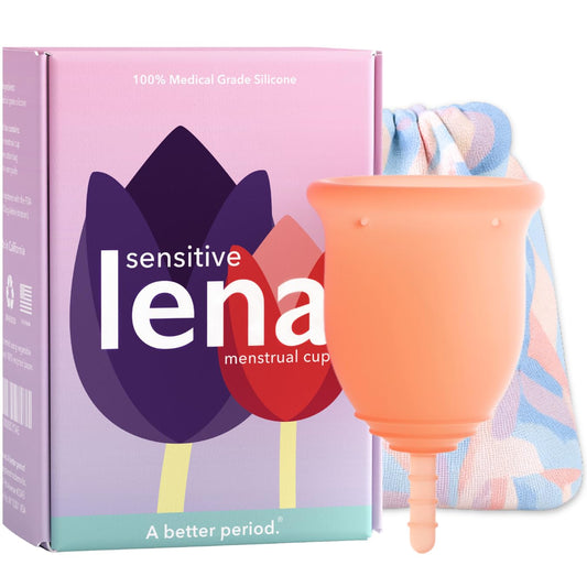 LENA Sensitive Large Cup packaging image illustrating discreet, eco-friendly reusable protection.