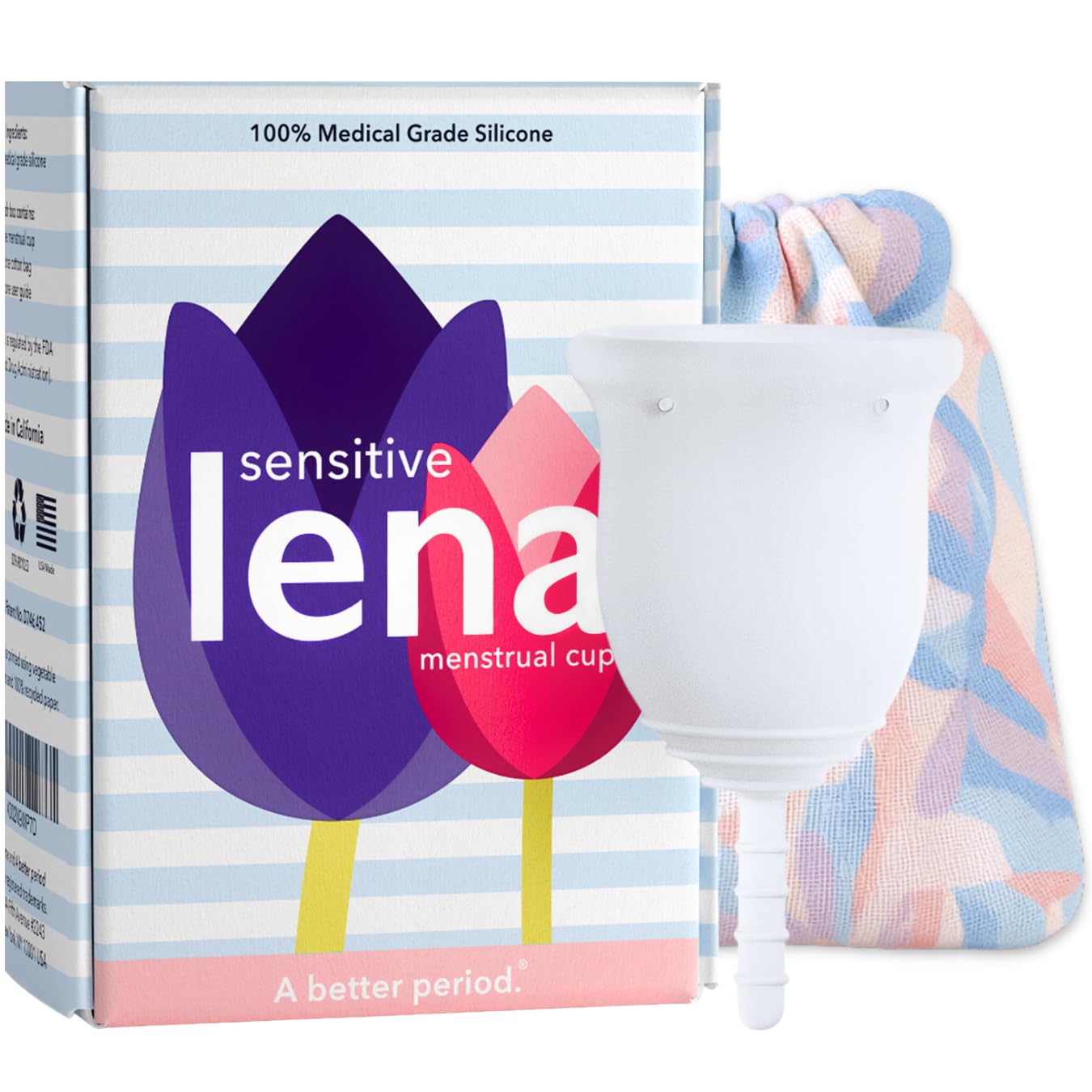 Lena Sensitive Small packaging highlights eco-friendly, reusable care.