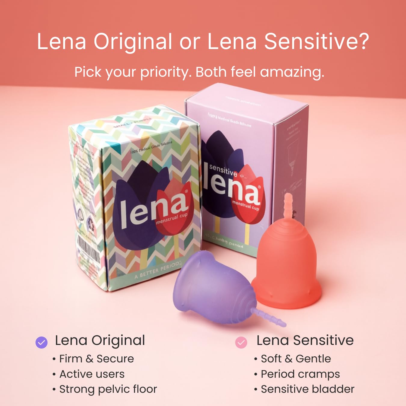 Lena Sensitive Cup two-pack display highlights value and sustainability.