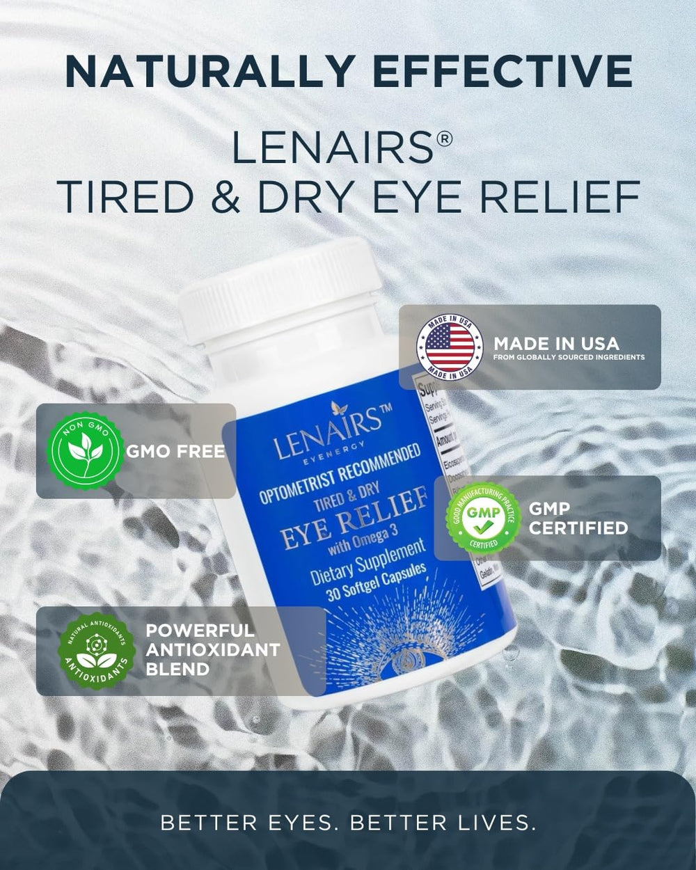 LENAIRS bilberry and lutein blend on label promoting eye comfort.