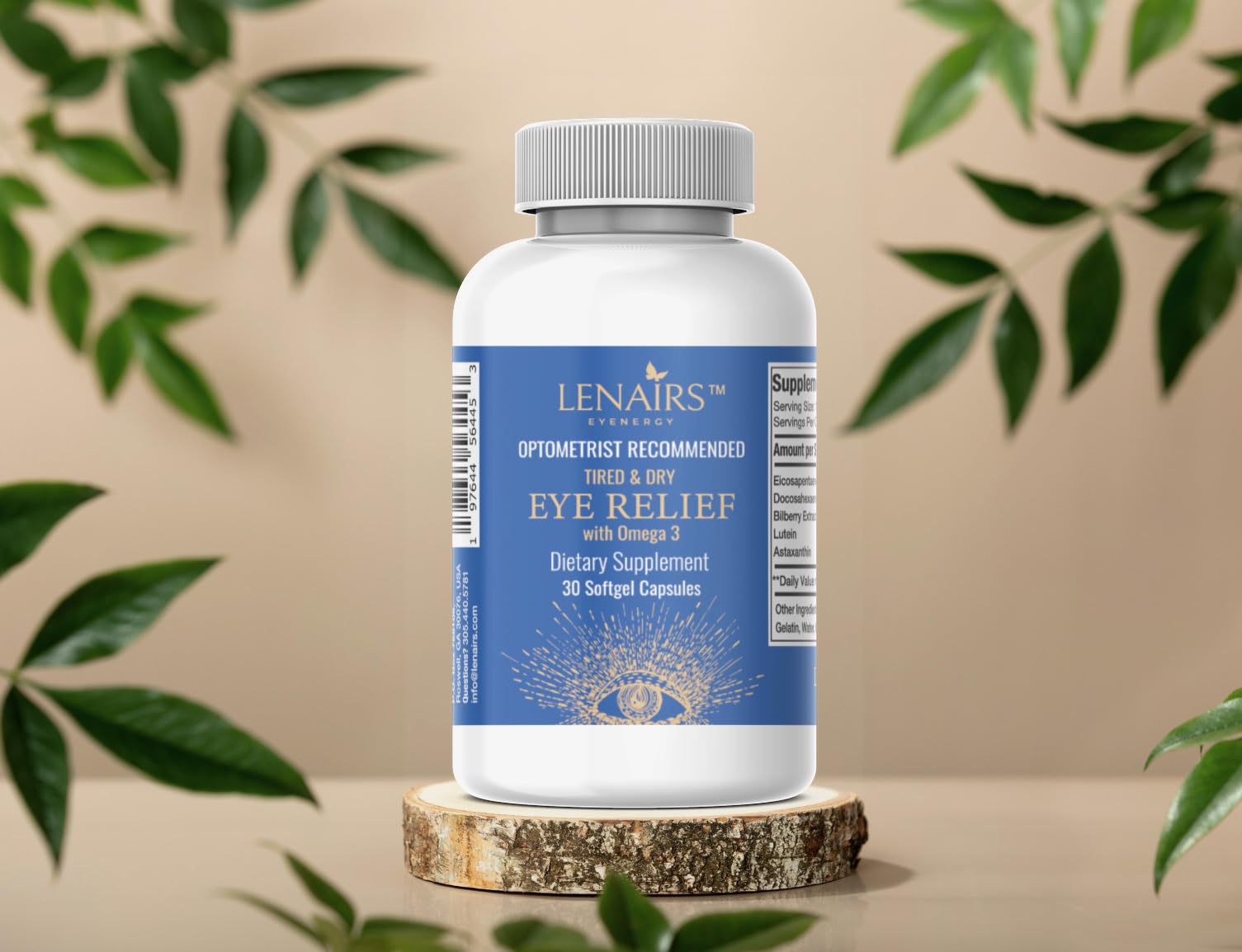 LENAIRS sleek bottle design suggests convenient daily eye health routine.