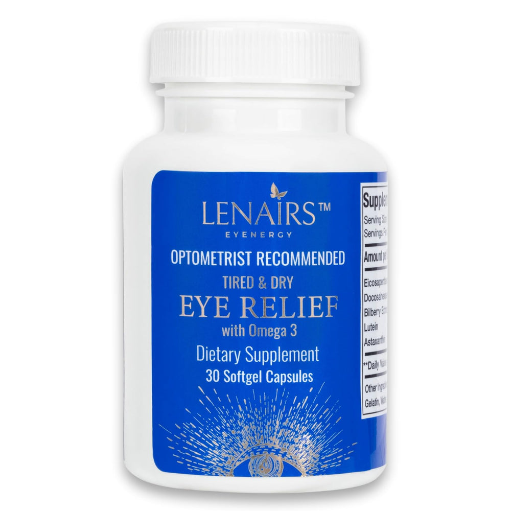 LENAIRS softgels bottle close-up for eye health support.