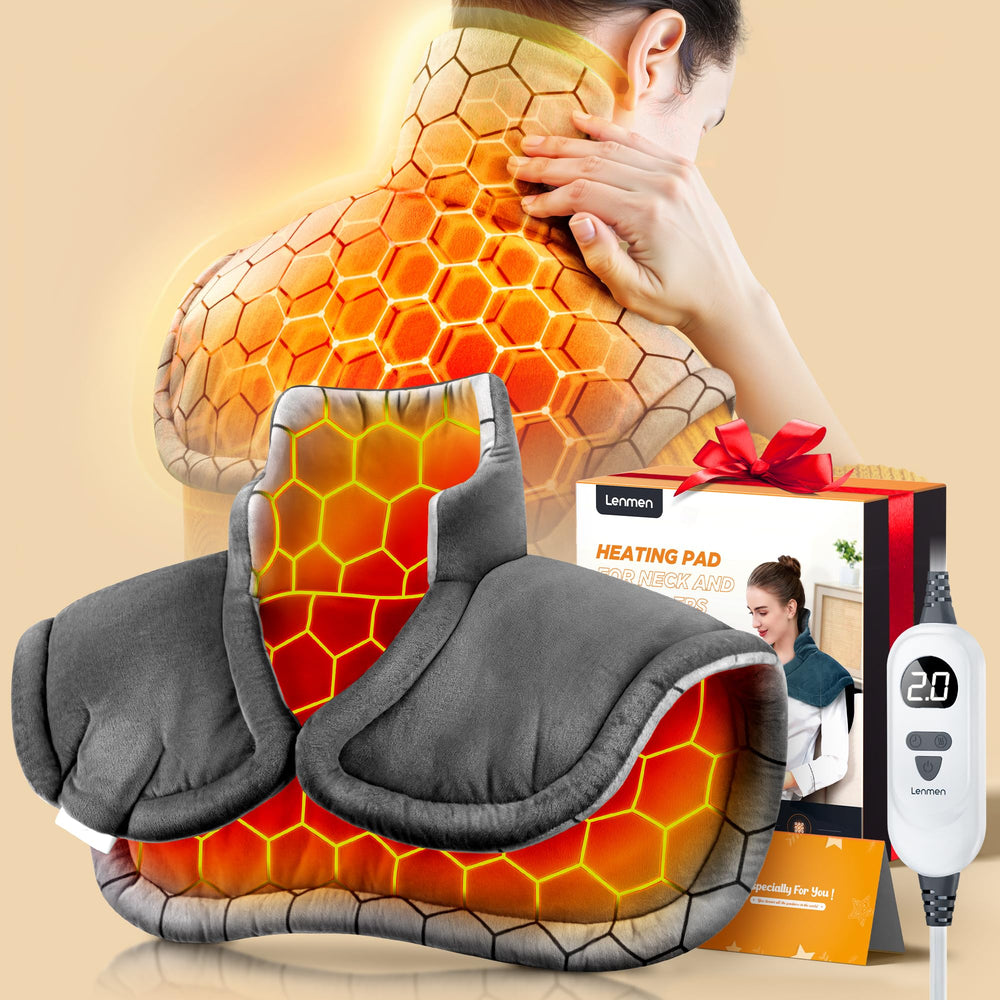 Lenmen graphene heating pad on neck and shoulders delivering rapid, even warmth for tense areas.