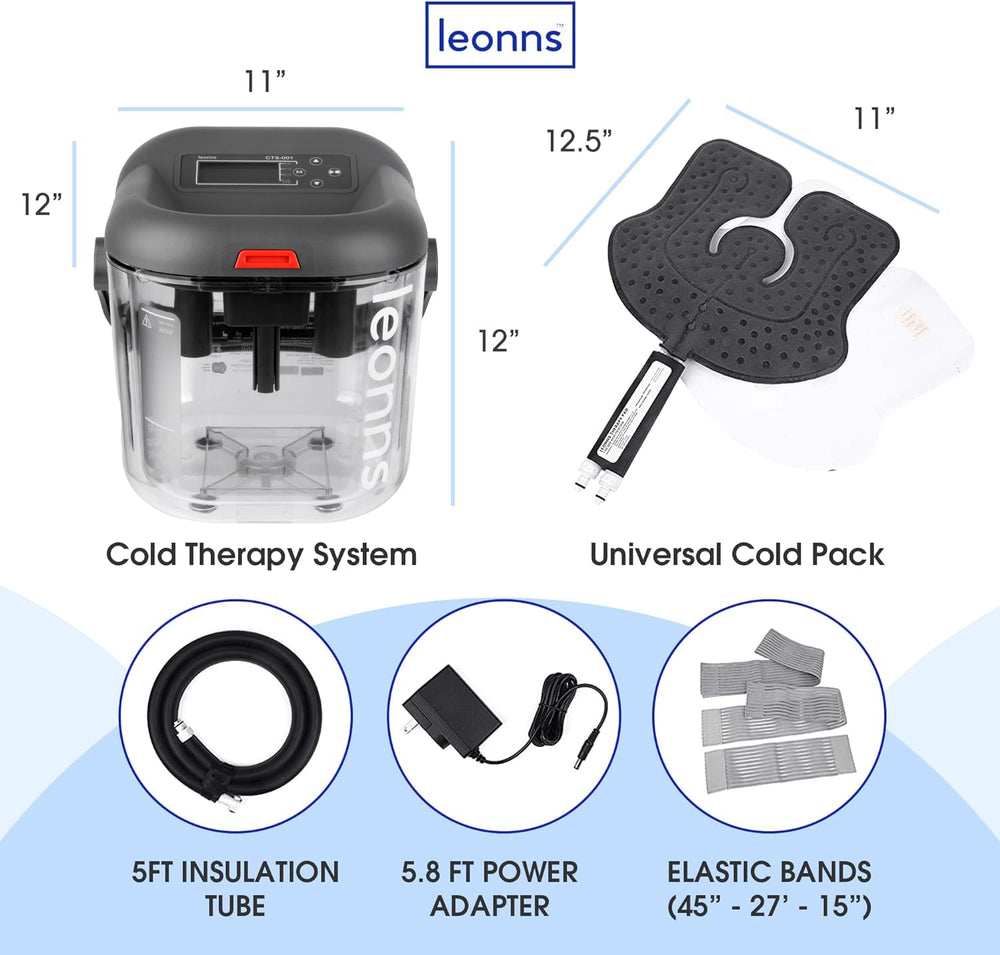 LEONNS cold therapy system demonstrating shoulder pad application for soothing post-surgery comfort.