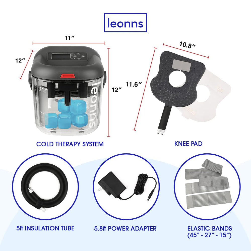 LEONNS ice therapy system connected to knee pad during a session.