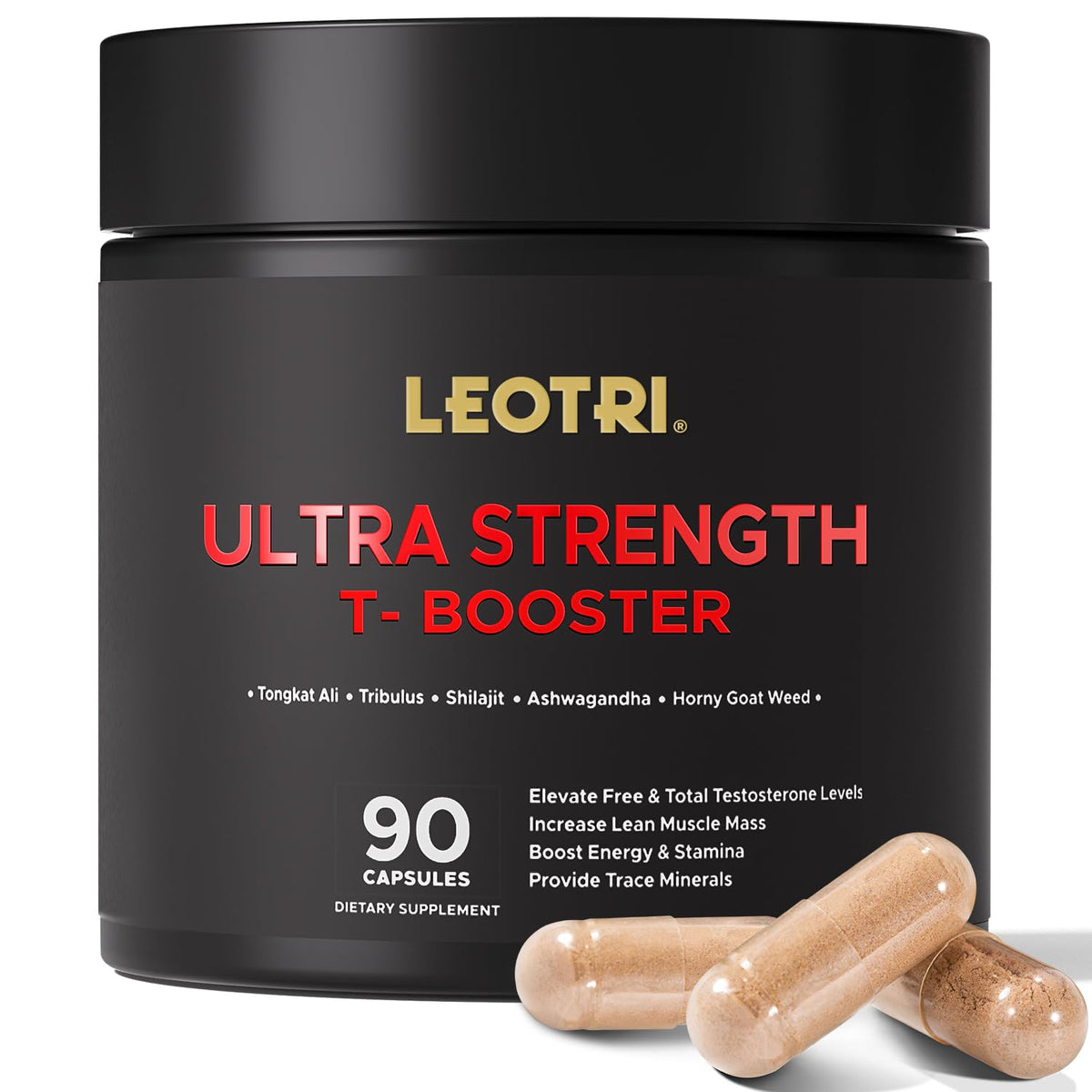 Leotri Ultra Strength T-Booster bottle showcasing a high-potency herbal blend for vitality.