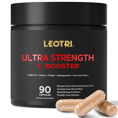 Leotri Ultra Strength T-Booster bottle showcasing a high-potency herbal blend for vitality.