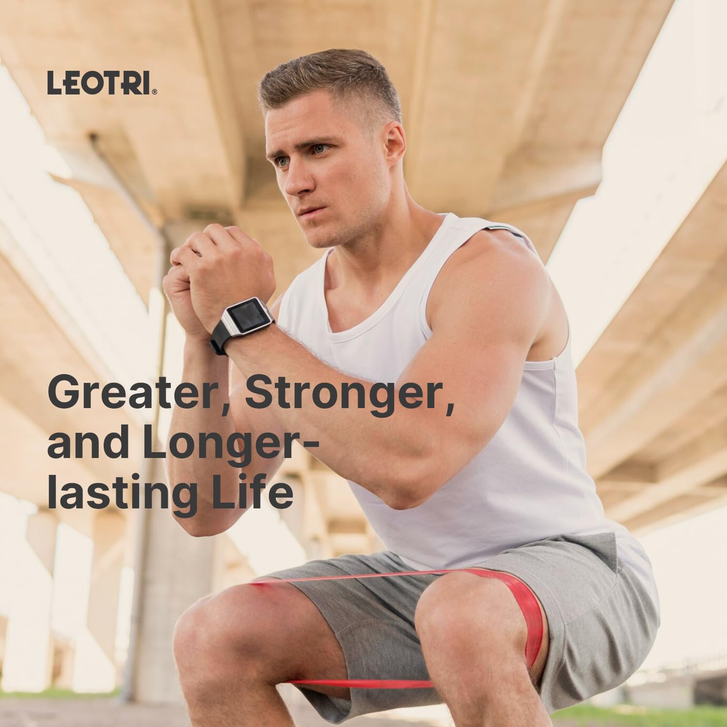 Leotri bottle and capsules on a gym mat suggesting post-workout recovery.