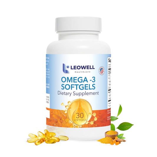 LEOWELL Omega-3 bottle closeup shows high potency EPA and DHA for daily wellness
