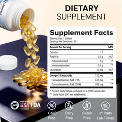 LEOWELL Omega-3 EPA DHA chart highlights balanced 432 mg EPA and 288 mg DHA per softgel