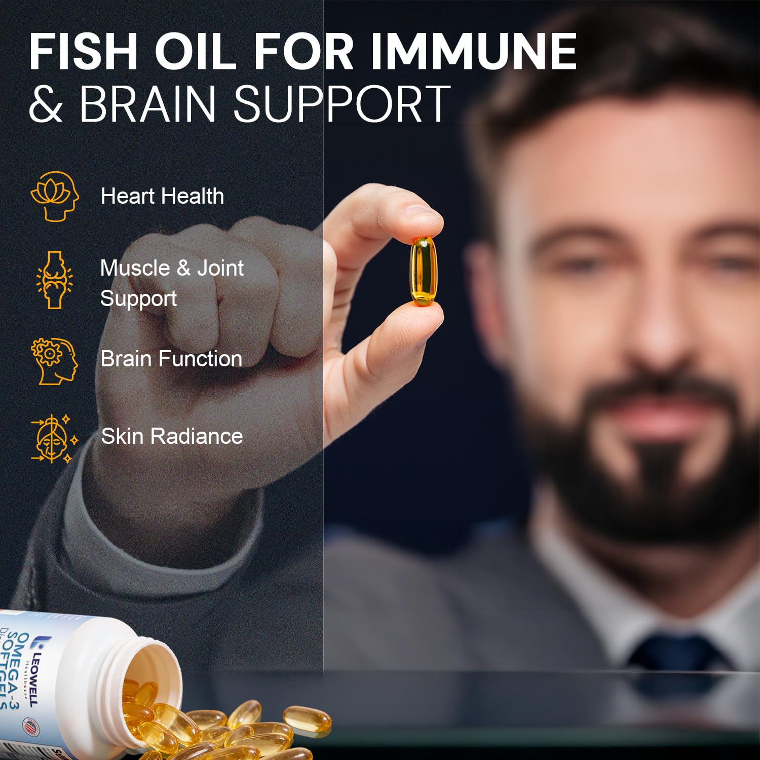 LEOWELL Omega-3 softgels in hand illustrate easy-to-swallow capsules