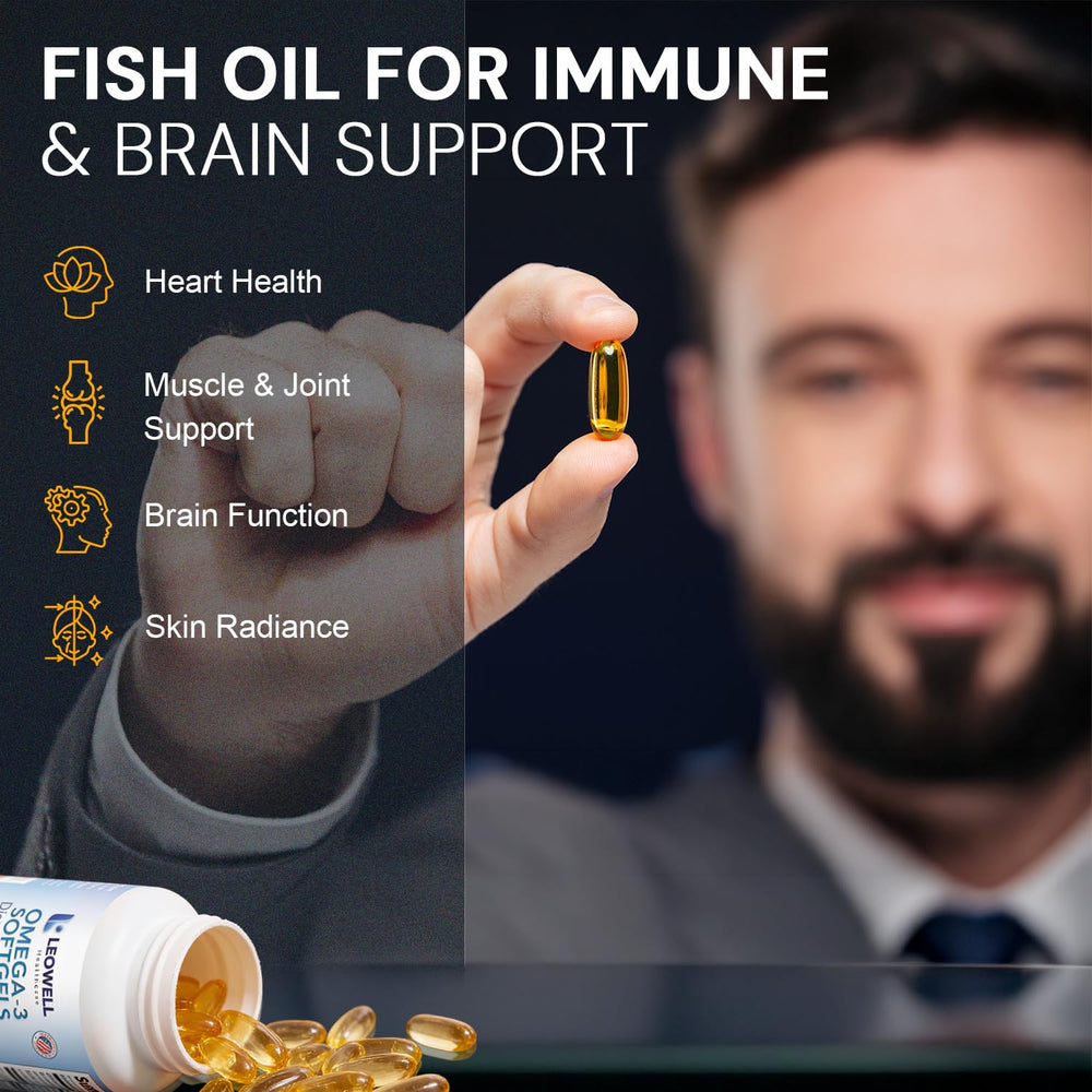 LEOWELL Omega-3 softgels in hand illustrate easy-to-swallow capsules