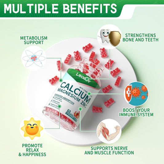 Leozmr Calcium Magnesium Zinc gummies closeup shows tasty flavor and easy dosing.