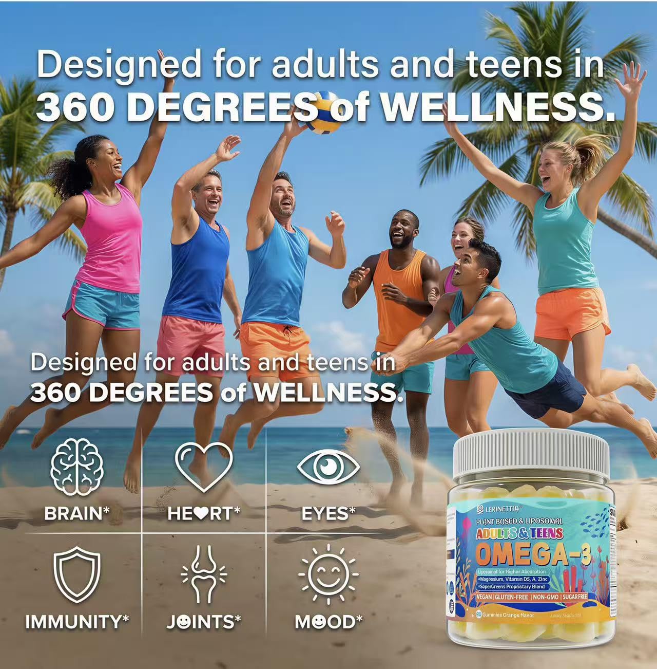Lerinettia vegan omega3 gummies liquid core highlights algae DHA absorption.
