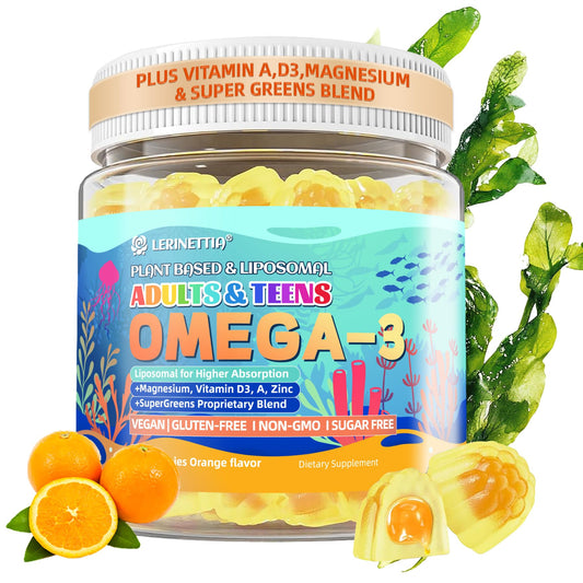 Lerinettia vegan omega3 gummies orange bottle for daily omega-3 intake.