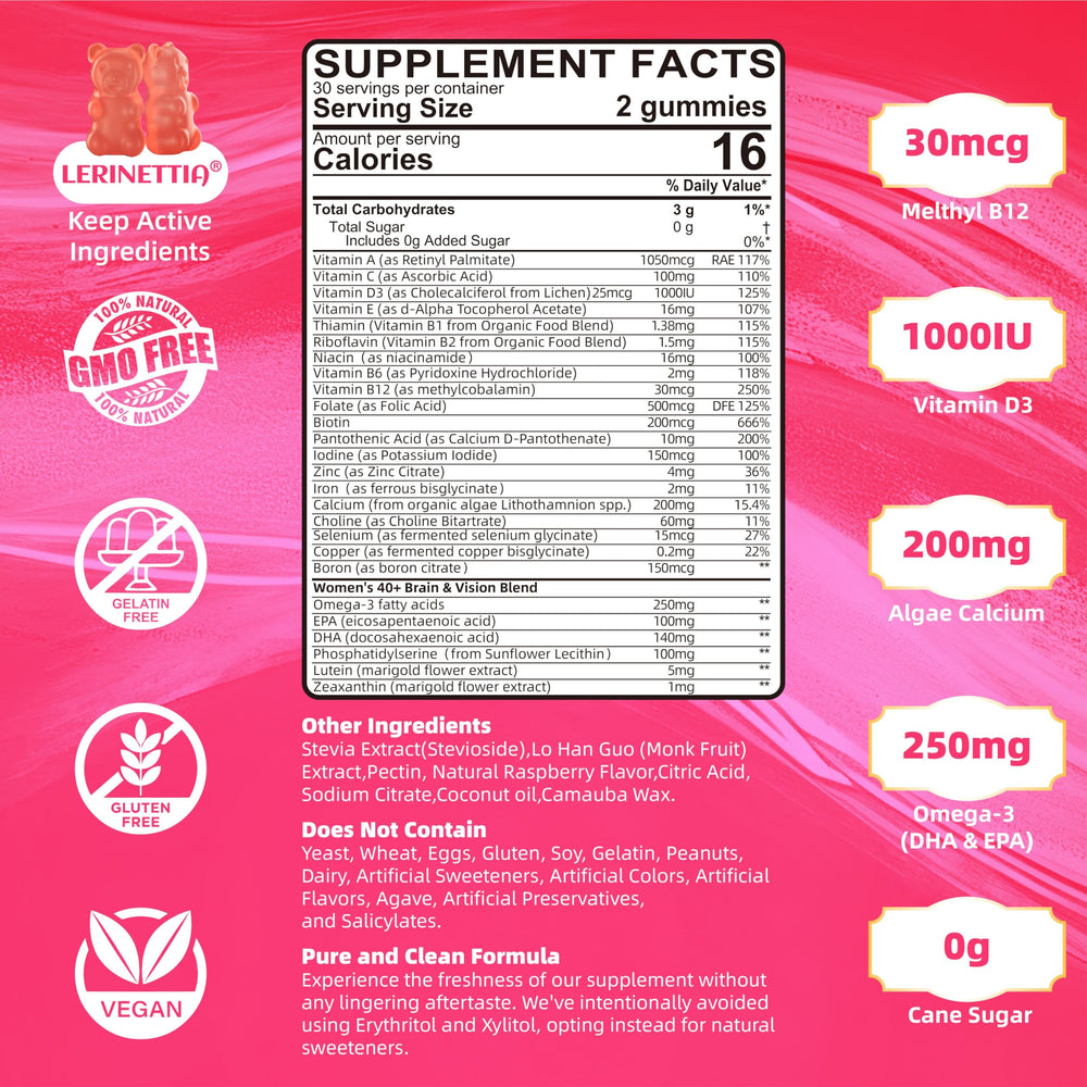 Lerinettia Women 40+ gummies close-up shows berry flavor and sugar-free formula.