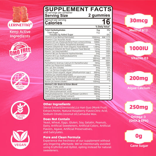 Lerinettia Women 40+ gummies close-up shows berry flavor and sugar-free formula.