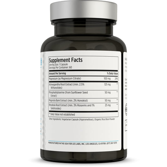 LES Labs Cortisol Health capsules in the bottle cap close-up highlight easy daily use.