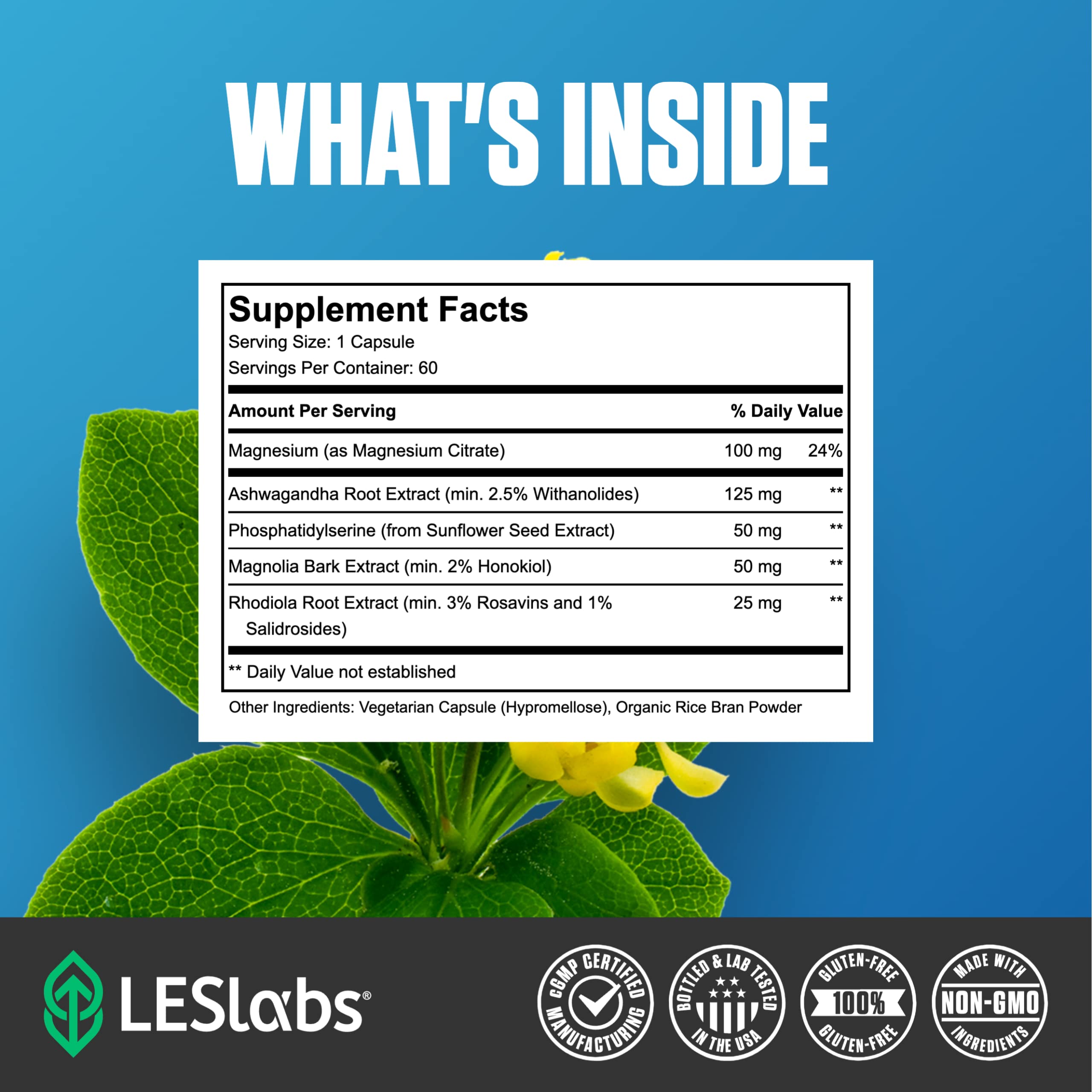 LES Labs Cortisol Health capsules on white background emphasize Non-GMO formulation.