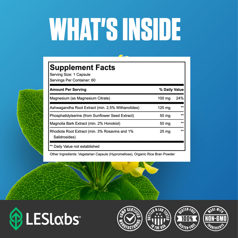 LES Labs Cortisol Health capsules on white background emphasize Non-GMO formulation.