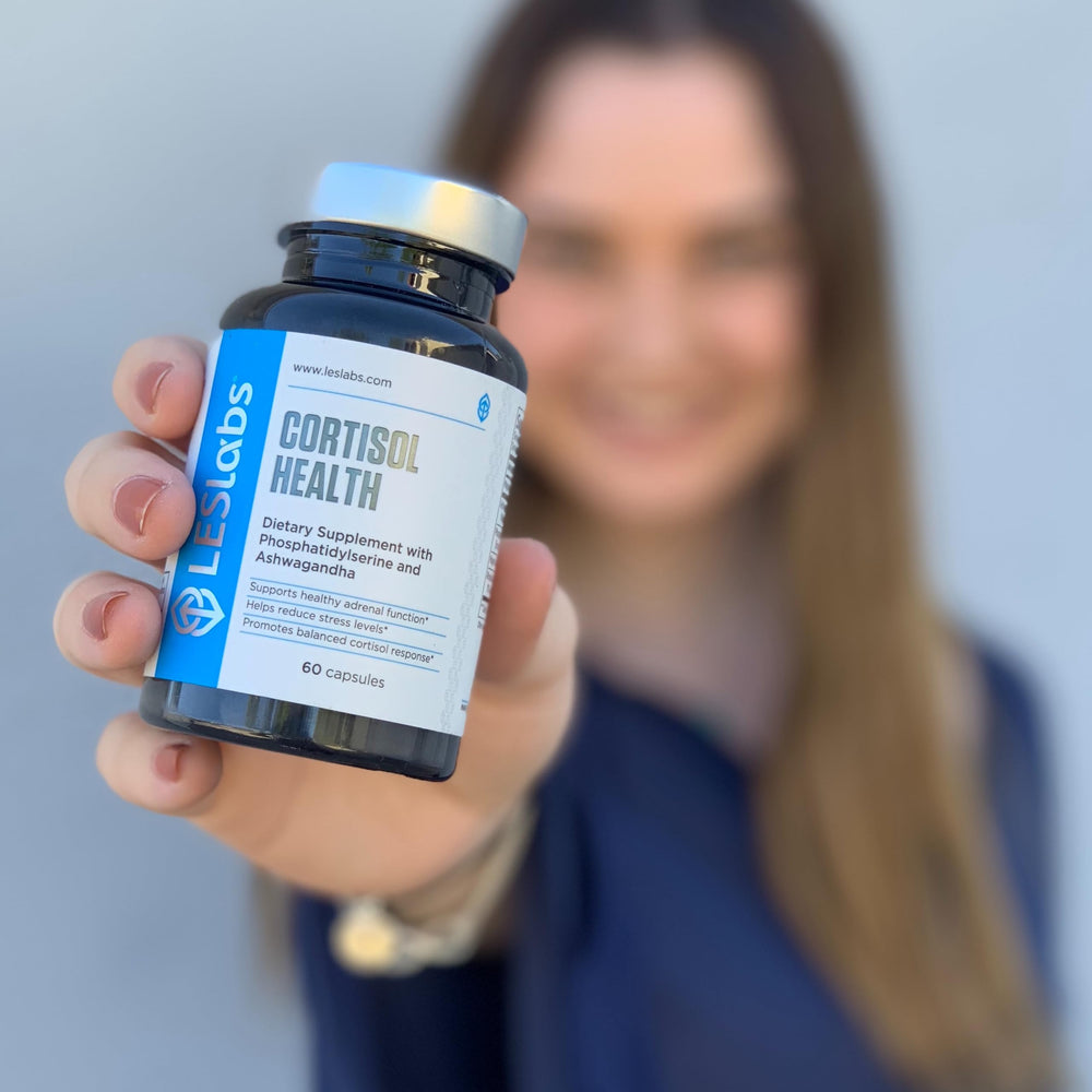 LES Labs Cortisol Health label close-up shows natural plant extracts.