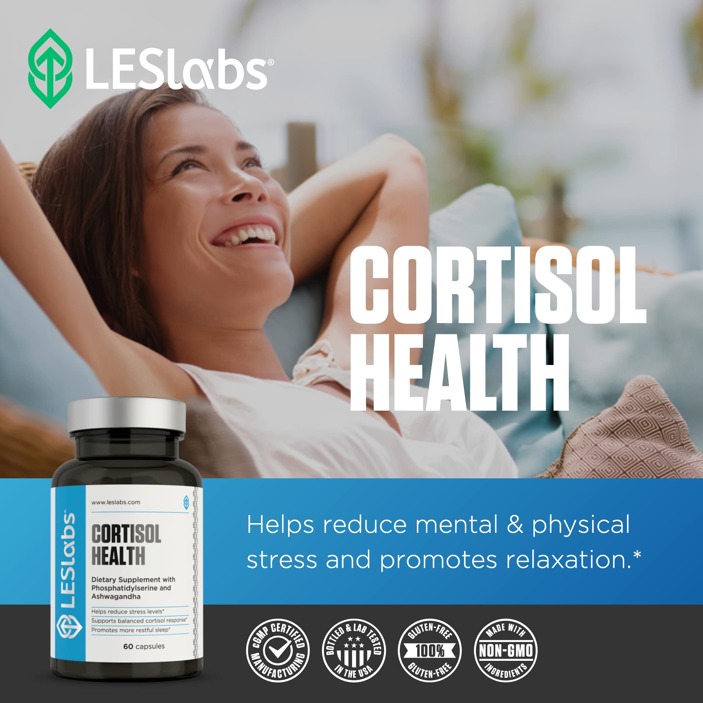 LES Labs Cortisol Health bottle side panel notes USA manufacturing.