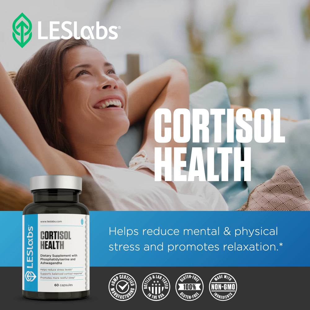 LES Labs Cortisol Health bottle side panel notes USA manufacturing.