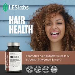 Packaging box of LES Labs Hair Health emphasizing USA manufacturing and natural formula.