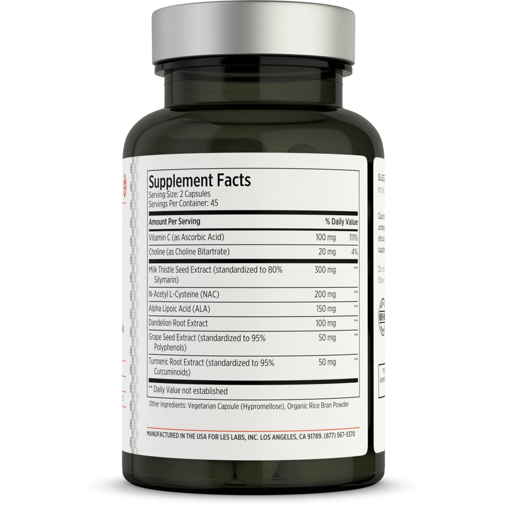 LES Labs Liver Support bottle back highlighting ingredients and directions