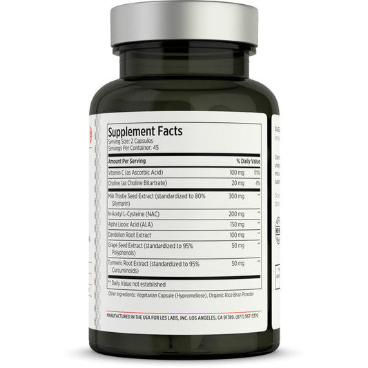 LES Labs Liver Support bottle back highlighting ingredients and directions
