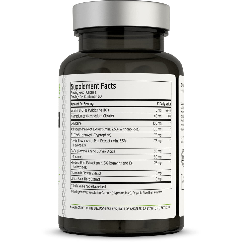 LES Labs Mood Boost bottle back label highlights key ingredients for sleep support