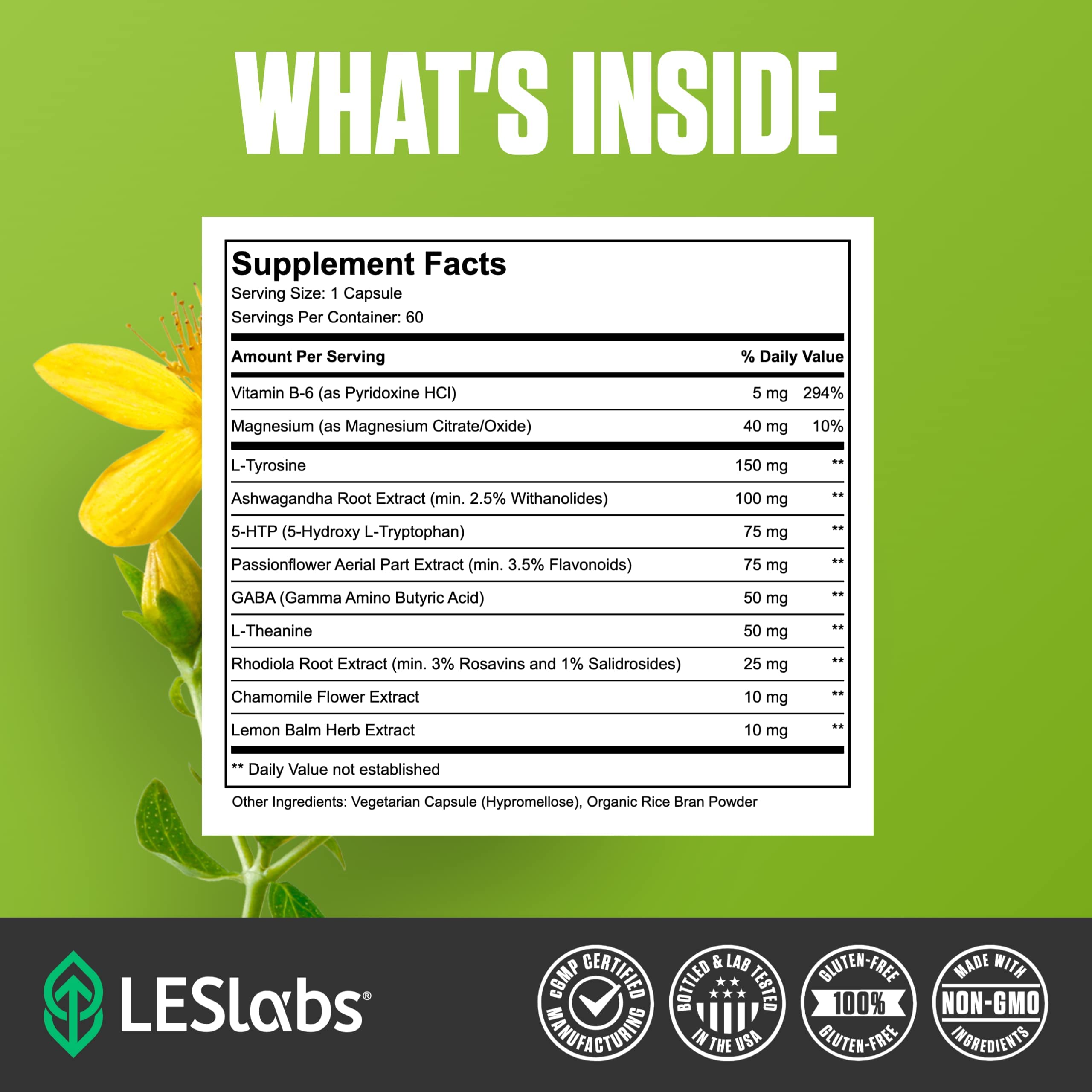 LES Labs Mood Boost herbal blend features passion flower, ashwagandha, chamomile