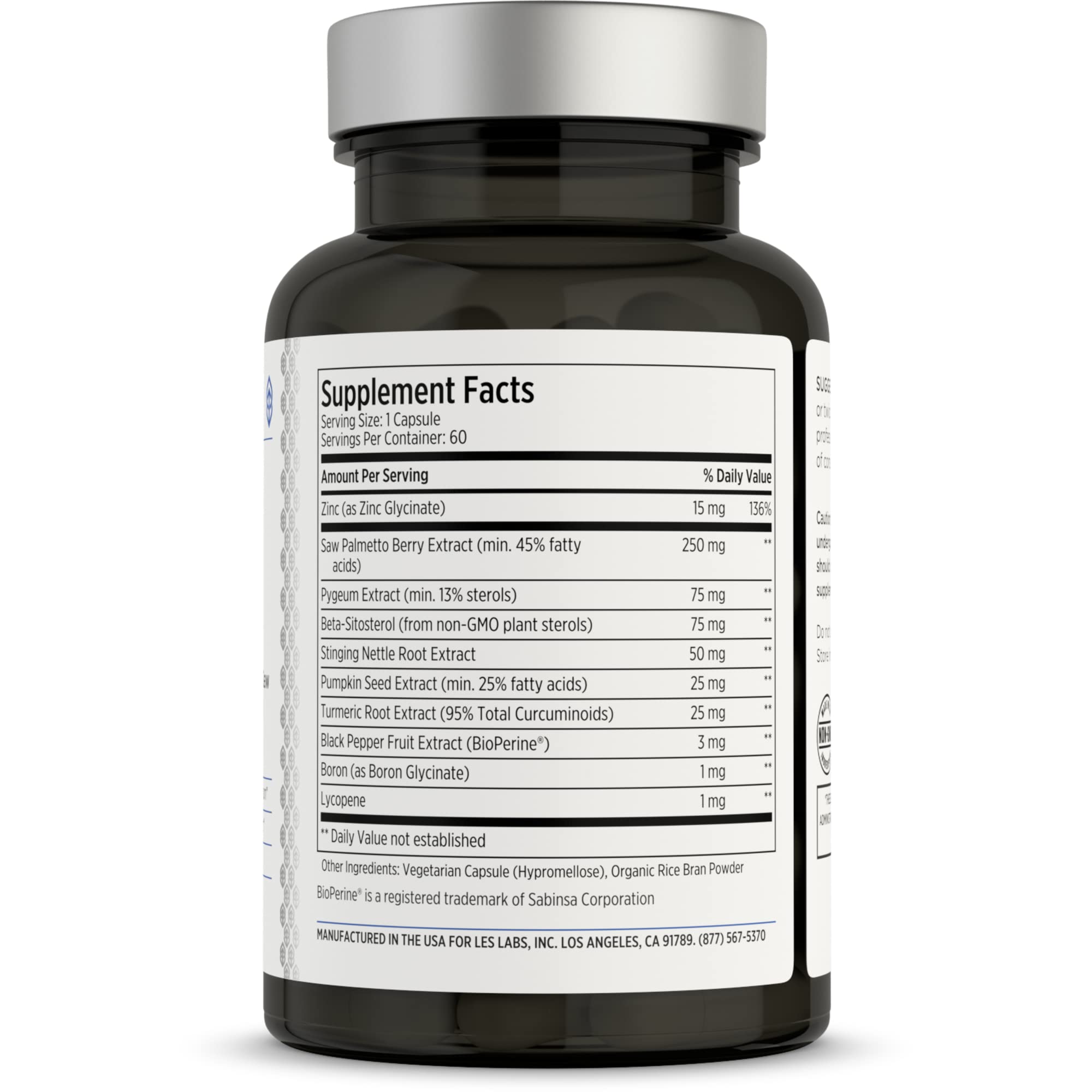 LES Labs Prostate Health bottle back with ingredients and dosage for urinary comfort.