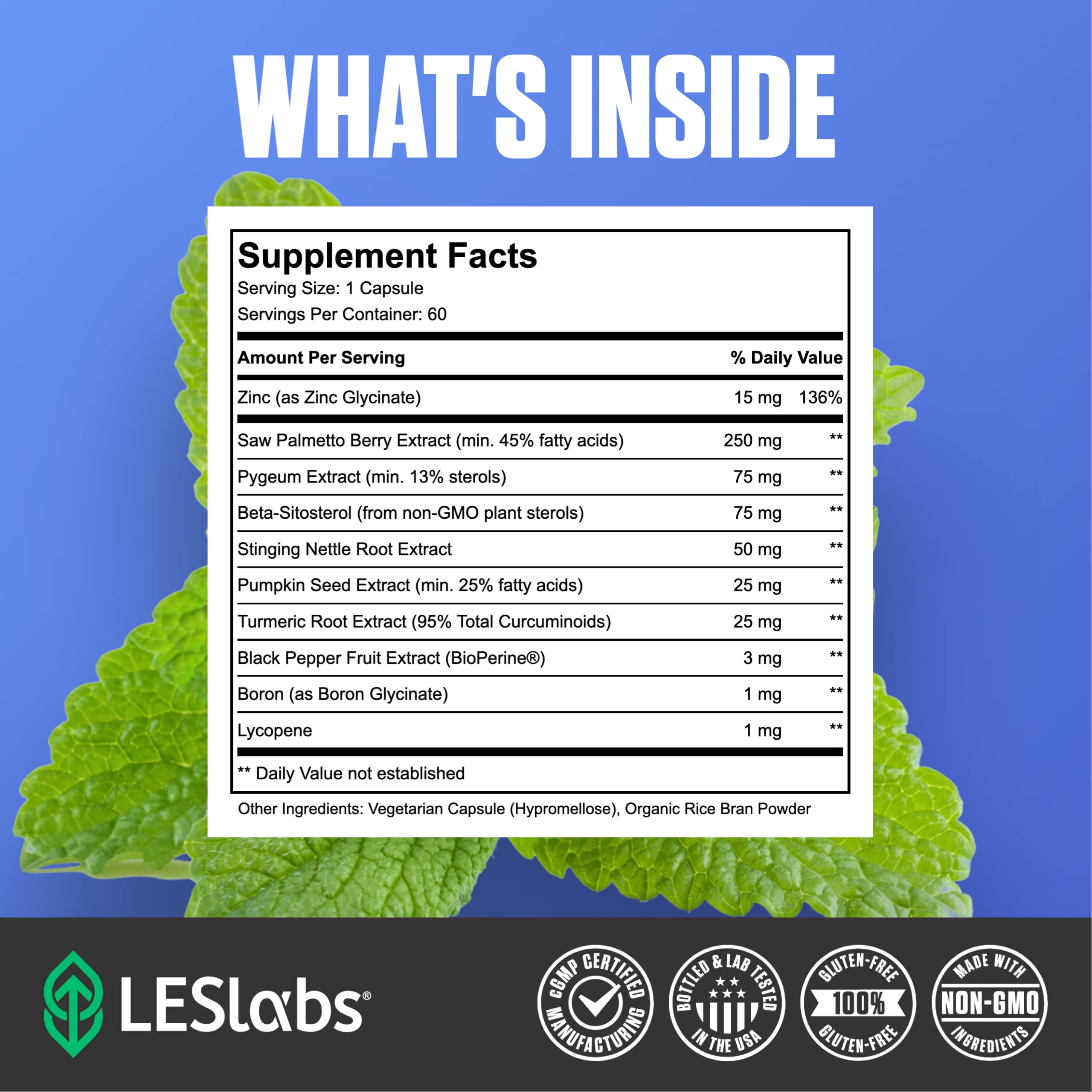 LES Labs Prostate Health label close-up showing ingredients supporting urinary function.