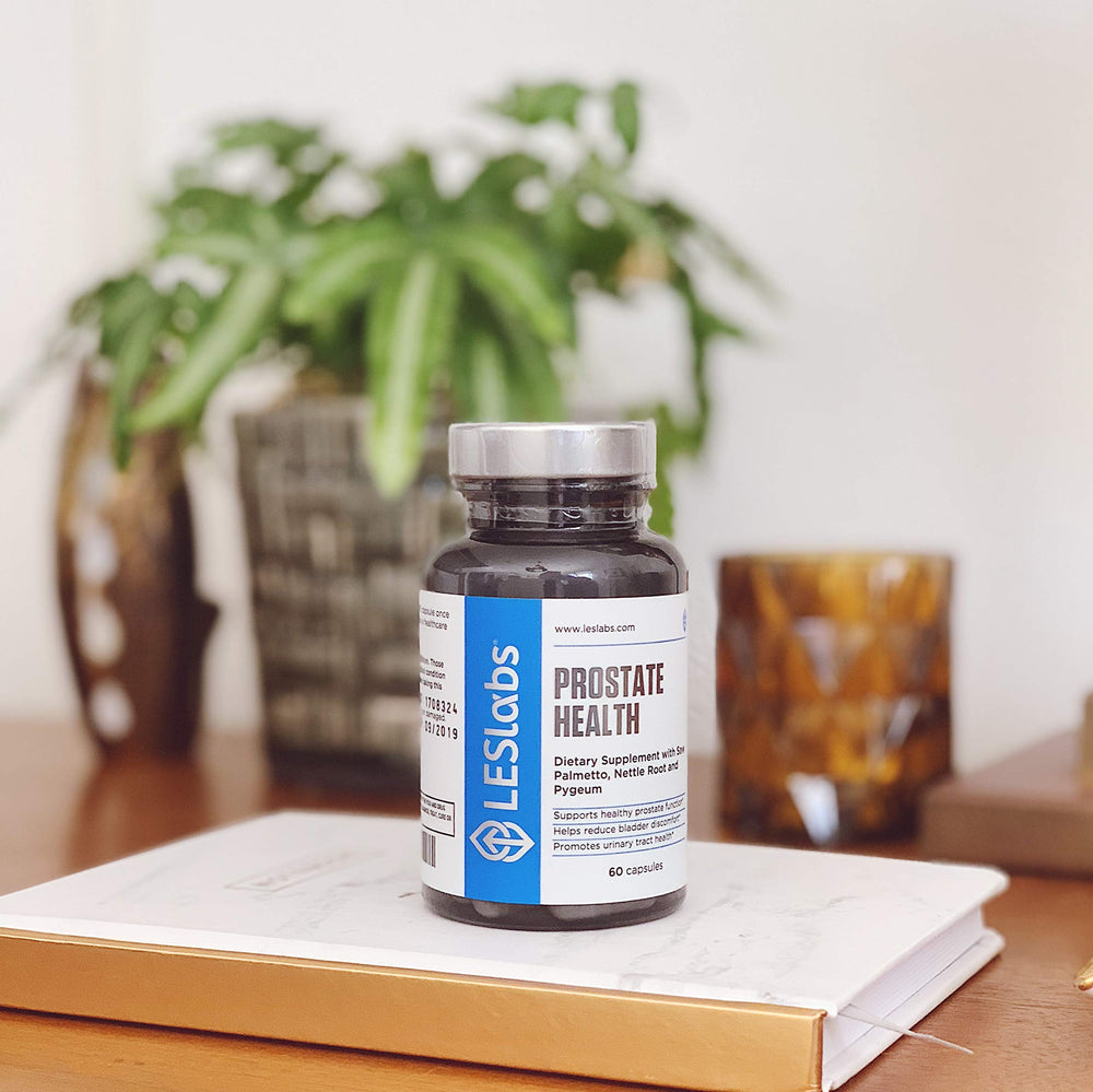 LES Labs Prostate Health shelf display emphasizing bladder comfort for daily routines.