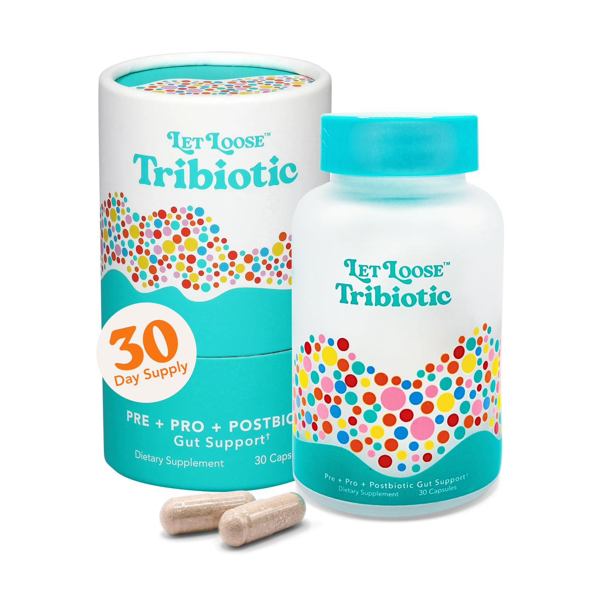 Let Loose Daily Tribiotic Pills bottle promotes balanced digestion.
