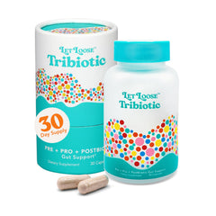 Let Loose Daily Tribiotic Pills bottle promotes balanced digestion.