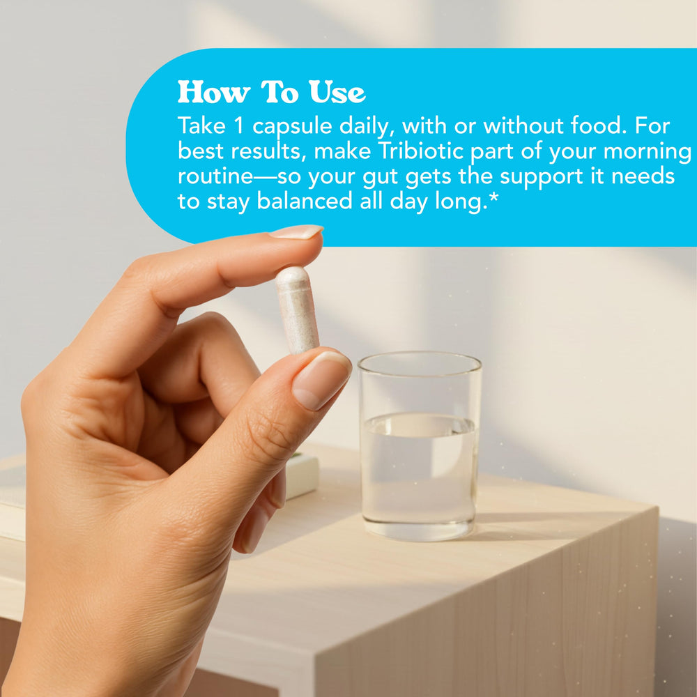 Close-up of Let Loose Tribiotic capsules shows three-in-one formula.