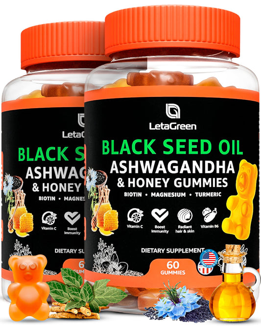 LetaGreen Black Seed Oil Gummies bottle with gummies highlighting convenient wellness on the go.