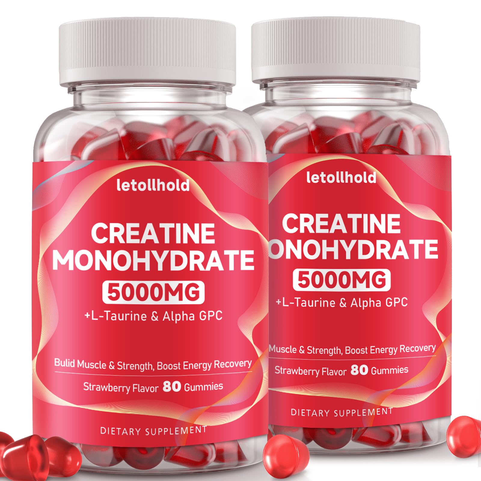 Letollhold creatine gummies bottle front with strawberry flavor and vegan formula.